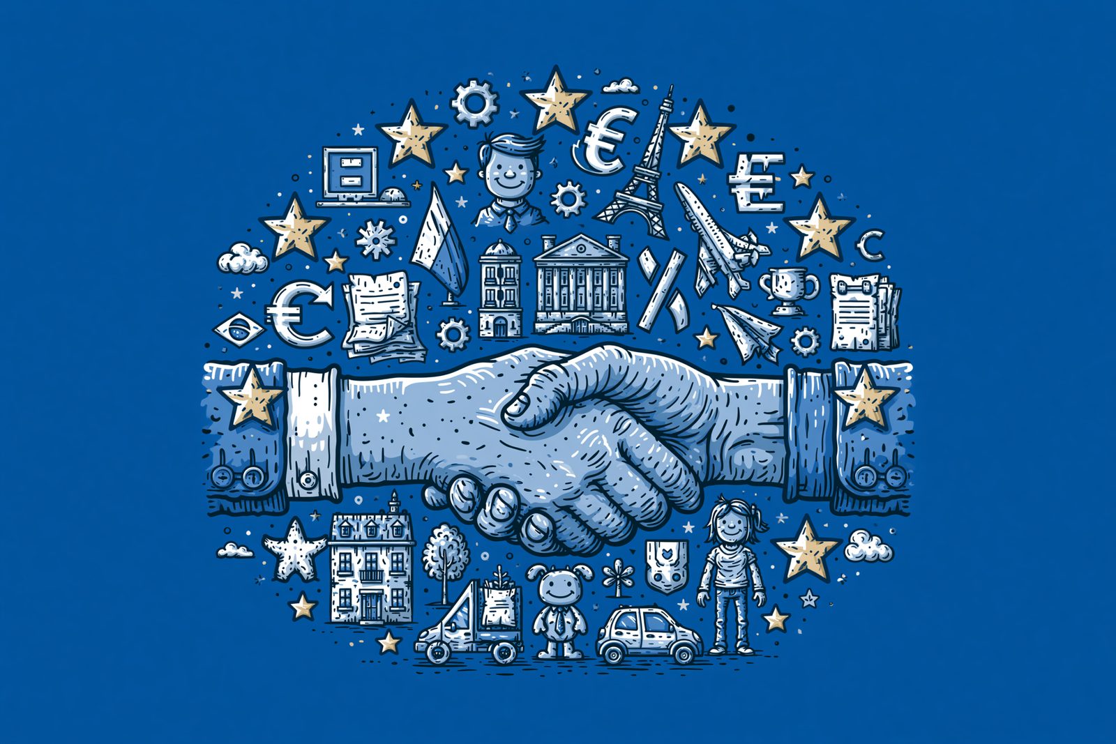 Blue illustration of a handshake surrounded by small icons of buildings, vehicles, euro signs and stars