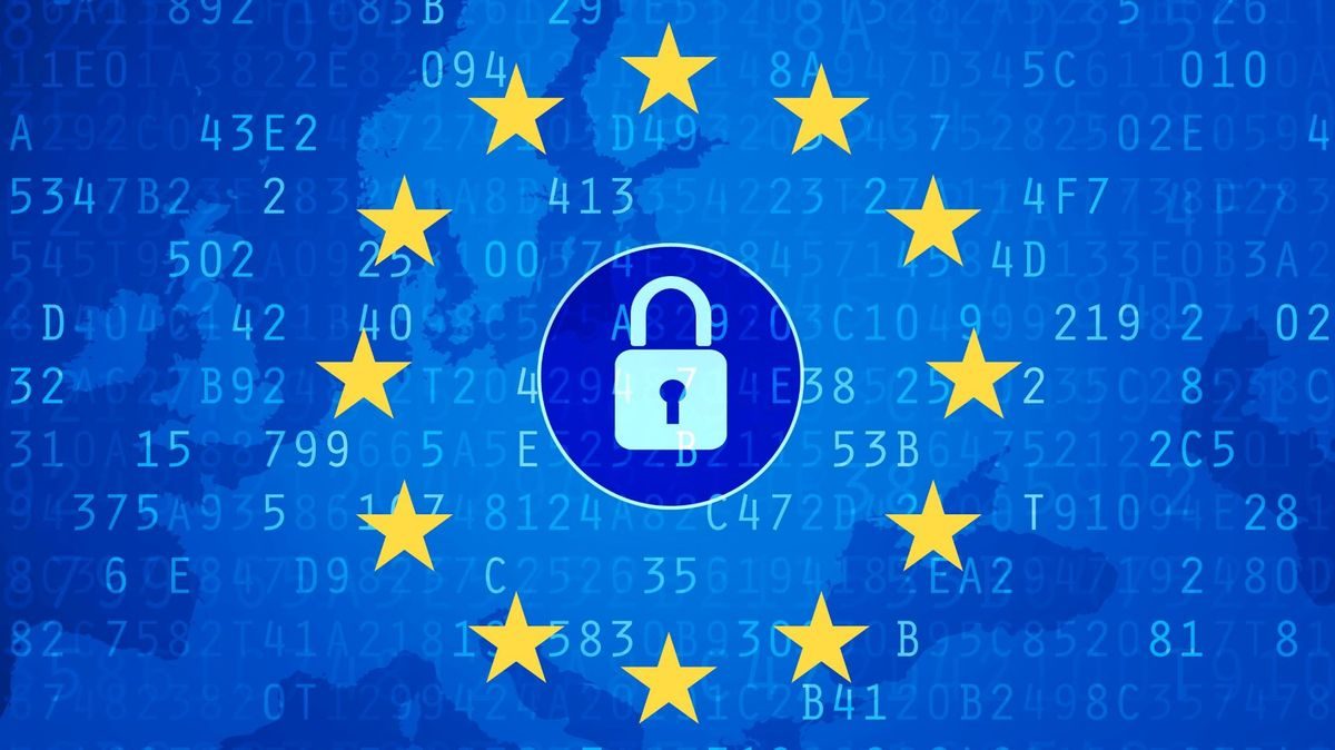 A padlock inside a ring of EU stars on a blue background of digital code