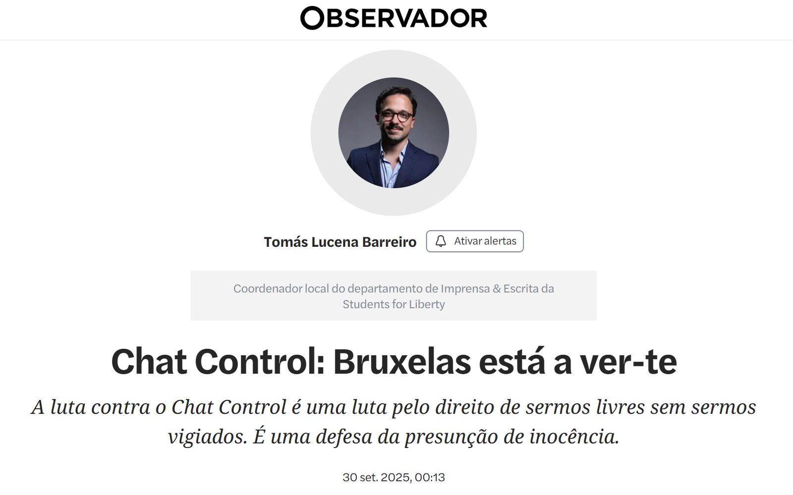 Header of an Observador opinion article titled Chat Control: Bruxelas está a ver-te