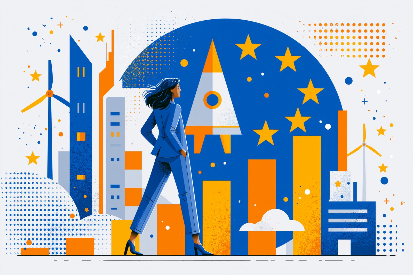 Illustration of a businesswoman in a blue suit walking toward a rocket that rises over a city skyline of bar charts, under EU stars