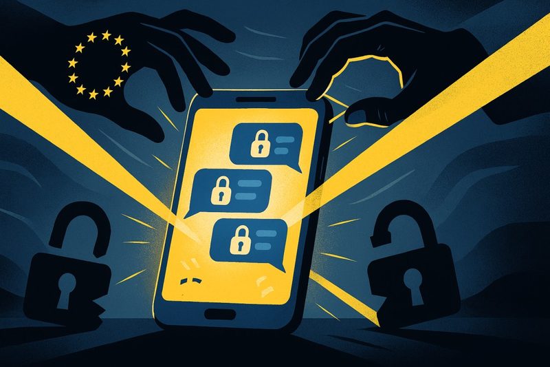 Illustration of a smartphone with padlocked chat bubbles, held by shadowy hands, beside a ring of EU stars