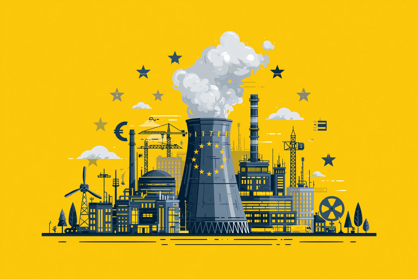 Illustration of a nuclear power plant with a cooling tower, wind turbines and cranes on a yellow background, ringed by EU stars